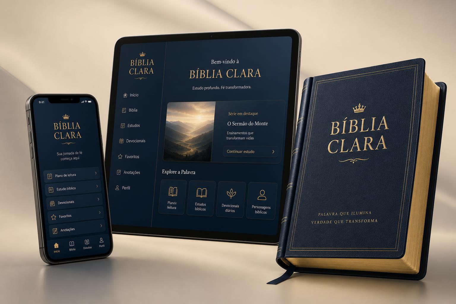 Mockups do produto Bíblia Clara no smartphone, tablet e e-book digital